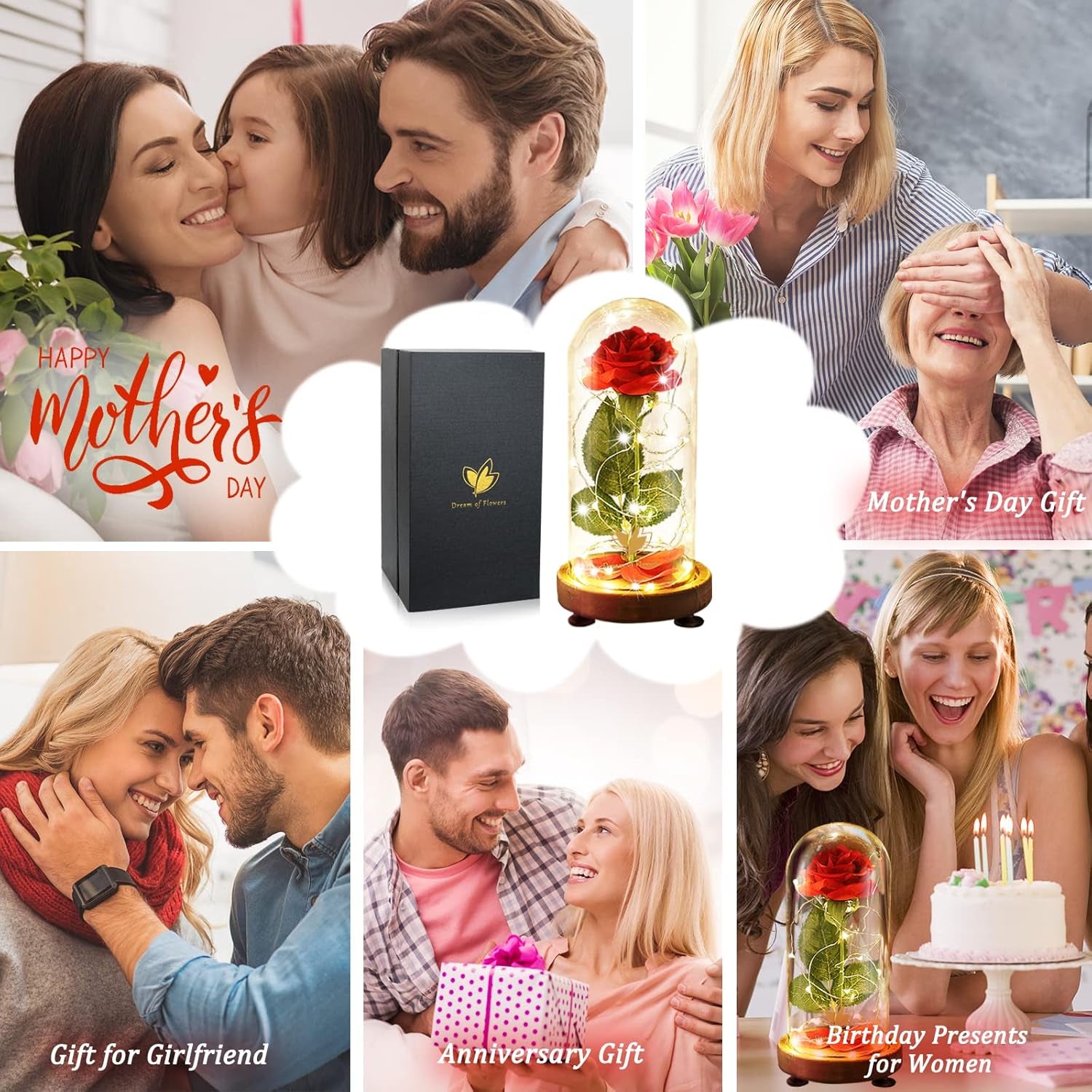 Preserved Rose Gifts for Mom,Birthday Gifts for Women,Beauty and the Beast Rose in Glass Dome,Silk Rose Forever Flowers with Lights,Valentines for Women Wife Daughter Girlfriend | Romantic Enchanted Red Rose Decor with Warm String Lights & Premium Gift Box, Birthday Valentine Gift for Mom Girlfriend