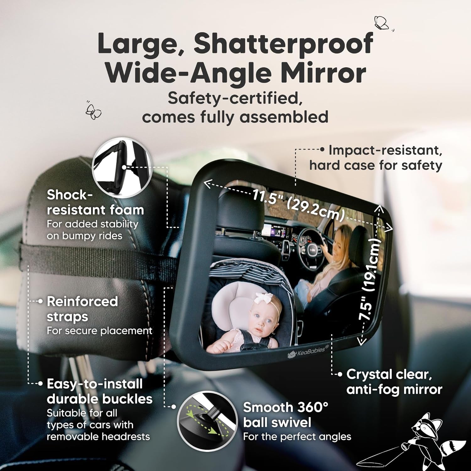 Baby Car Seat Mirror, Wide View, Shatterproof (Matte Black) | Backseat Infant Car Mirror for Baby Rear Facing, Crystal Clear View, Travel, Easy Install & Adjust for Removable Headrest
