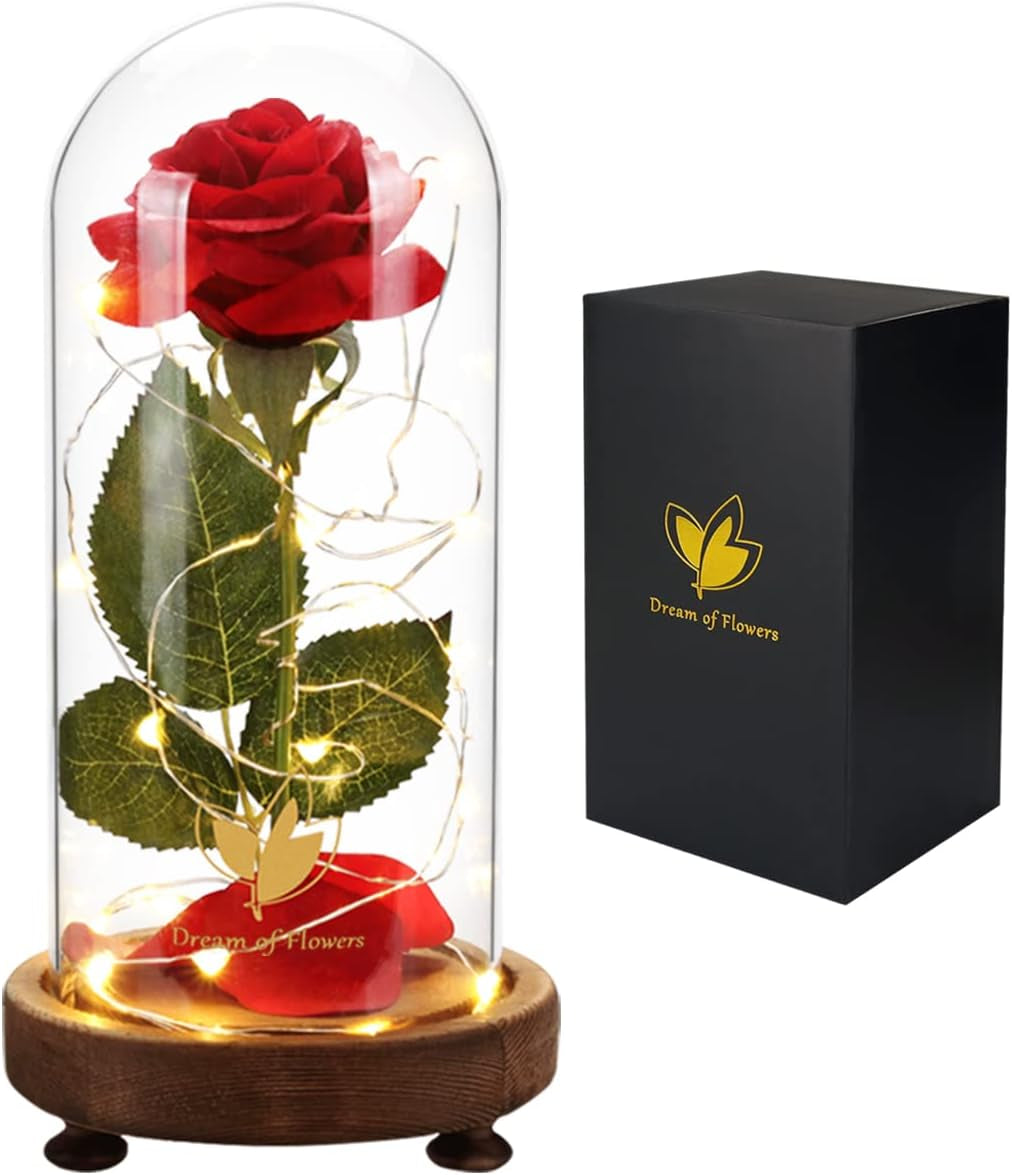 Preserved Rose Gifts for Mom,Birthday Gifts for Women,Beauty and the Beast Rose in Glass Dome,Silk Rose Forever Flowers with Lights,Valentines for Women Wife Daughter Girlfriend | Romantic Enchanted Red Rose Decor with Warm String Lights & Premium Gift Box, Birthday Valentine Gift for Mom Girlfriend