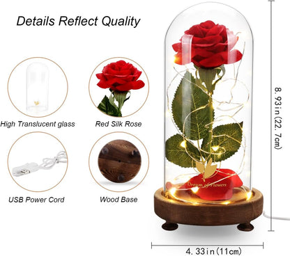 Preserved Rose Gifts for Mom,Birthday Gifts for Women,Beauty and the Beast Rose in Glass Dome,Silk Rose Forever Flowers with Lights,Valentines for Women Wife Daughter Girlfriend | Romantic Enchanted Red Rose Decor with Warm String Lights & Premium Gift Box, Birthday Valentine Gift for Mom Girlfriend