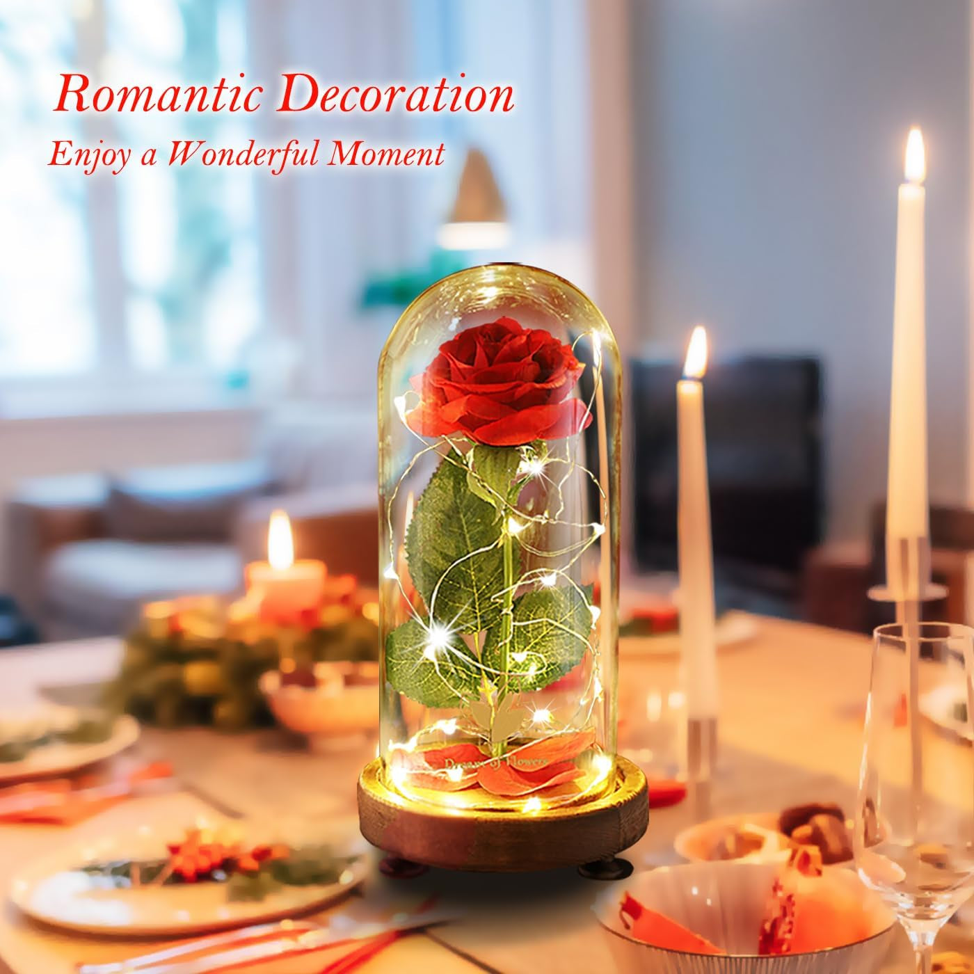 Preserved Rose Gifts for Mom,Birthday Gifts for Women,Beauty and the Beast Rose in Glass Dome,Silk Rose Forever Flowers with Lights,Valentines for Women Wife Daughter Girlfriend | Romantic Enchanted Red Rose Decor with Warm String Lights & Premium Gift Box, Birthday Valentine Gift for Mom Girlfriend