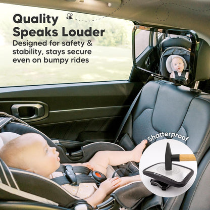 Baby Car Seat Mirror, Wide View, Shatterproof (Matte Black) | Backseat Infant Car Mirror for Baby Rear Facing, Crystal Clear View, Travel, Easy Install & Adjust for Removable Headrest
