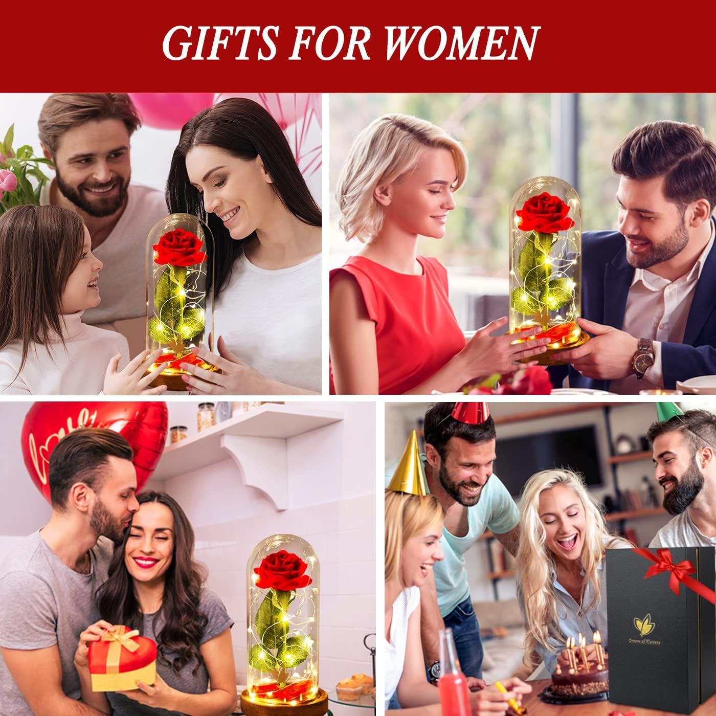 Preserved Rose Gifts for Mom,Birthday Gifts for Women,Beauty and the Beast Rose in Glass Dome,Silk Rose Forever Flowers with Lights,Valentines for Women Wife Daughter Girlfriend | Romantic Enchanted Red Rose Decor with Warm String Lights & Premium Gift Box, Birthday Valentine Gift for Mom Girlfriend