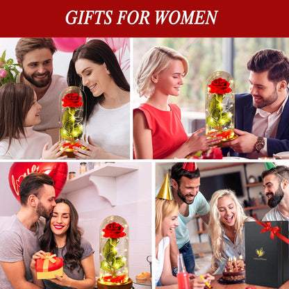Preserved Rose Gifts for Mom,Birthday Gifts for Women,Beauty and the Beast Rose in Glass Dome,Silk Rose Forever Flowers with Lights,Valentines for Women Wife Daughter Girlfriend | Romantic Enchanted Red Rose Decor with Warm String Lights & Premium Gift Box, Birthday Valentine Gift for Mom Girlfriend